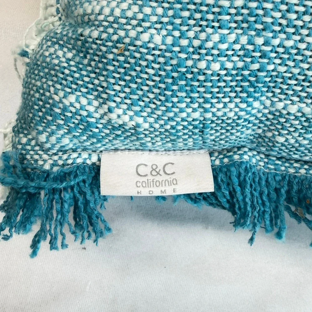 C&C California Home Teal Woven Cotton Fringed Throw Pillow 18x18 Boho Accent
